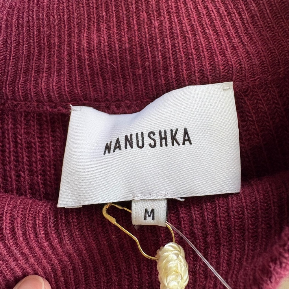 Nanushka Medium Berry Maroon Bell Sleeve Wool Cashmere Blend Knit Mini Dress Rib - Picture 4 of 8